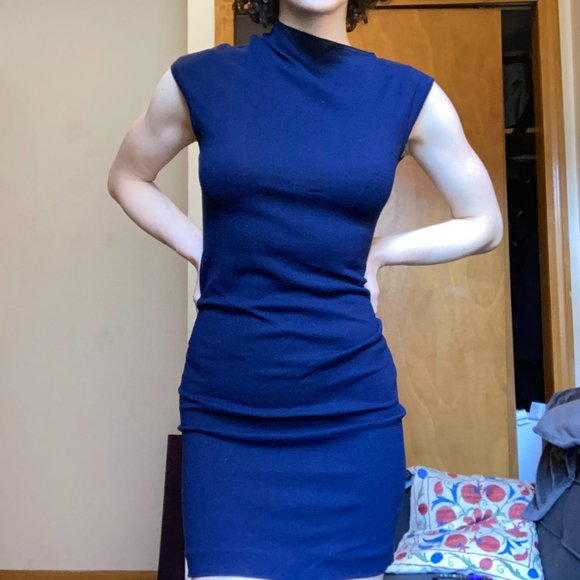 Jil Sander Asymmetrical Collar Bodycon Blue Knee-Length Dress S - Picture 3 of 11